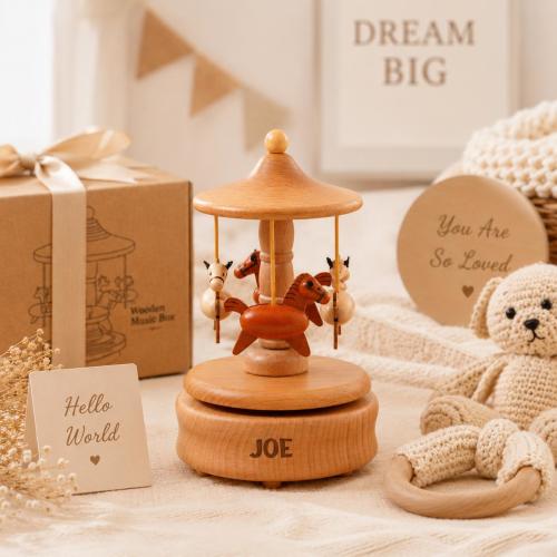Personalized Wooden Carousel Music Box, Baby Shower Gift, Nursery Keepsake Decor, Handmade Baby Music Box, Neutral Nursery Gift