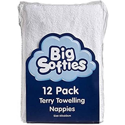 Big Softies Towelling Cotton Nappies 12 Piece Set, White, 12 Count