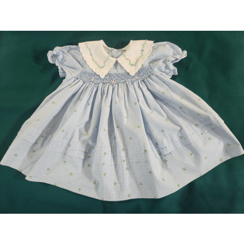 Vintage Baby Girl Dress Party Blue Checks Roses Smocking Embroidered Collar 12 M