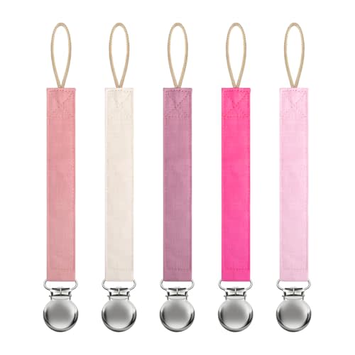 Linen Pacifier Clip for Baby Girls & Boys, 5 Pack Binky Clips | Soft Cotton Linen Fabric, BPA-Free Clips, Universal Fit for Most Pacifiers & Teethers