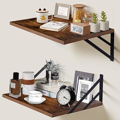 2 Pc Deep Floating Shelves ; Wall Mounted Hanging Shelves for Living Room, Kitchen, Office, Bathroom and Bedroom Decor; Storage and Display Shelf Set (Brown, 16W×12D)