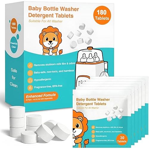180PCS Bottle Washer Tablets, Plant-Based Detergent Tablets Compatible with Baby Brezza, Momcozy, Grownsy, Papablic and All Baby Bottle Washers, Removes Milk Residue & Odor from Bottles & Pump Parts