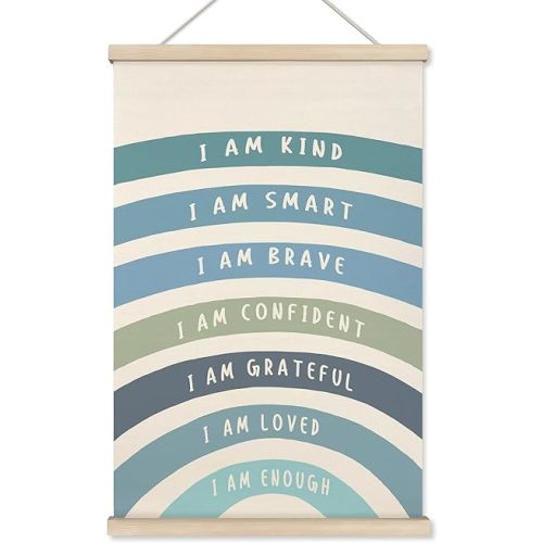 HRQKO Blue I Am Kind Smart Inspirational Poster Hanger Frame, Boho Rainbow Wall Art with Wooden Frames, Positive Affirmation Hanging Decor for Nursery Toddler Room, Mental Health Decor, 16x24 inch