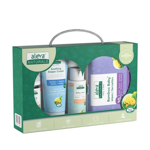 Aleva Naturals Newborn Starter Kit for Baby - Set of Wipes, 2 in 1 Hair & Body Wash, Daily Soothing Moisturizer, Sleep Easy Hair & Body Wash - 4 Piece Travel Set