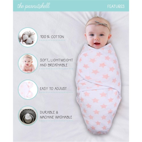 The Peanutshell Pink Floral Stars Swaddles, 3-Pack, Medium/Large
