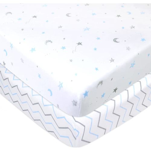 American Baby Company 2 Pack 100% Natural Cotton Fitted Pack and Play Sheets 39" x 27" - Soft & Breathable Pack N Play Sheets for Playard & Mini Crib Mattress, Blue Stars/Zigzag, for Boys & Girls