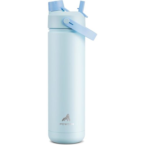 POWCAN 26 oz Insulated Water Bottle with 2-in-1 Straw and Spout Lid, Keep Cold 24H, Leak-Proof, Fits in Car Cup Holder, Stainless Steel Water Bottle for Sports, Travel, and School (Sea Breeze)