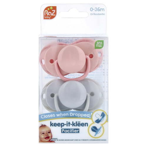 RaZbaby Keep-It-Kleen Pacifier, Pink & Gray, 0-36m, Hygienic & Orthodontic, 2 Pack