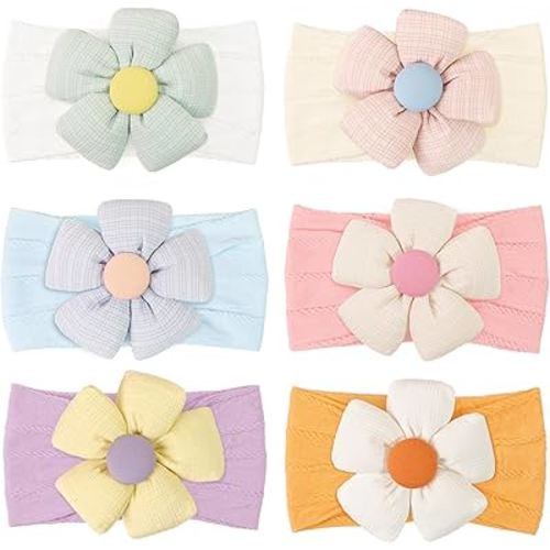 CÉLLOT 6 Pcs Baby Flower Headbands Nylon Hairbands Baby Girl Flower Bows Hair Accessories for Newborn Infant Toddler Essentials (Bright Color Series)