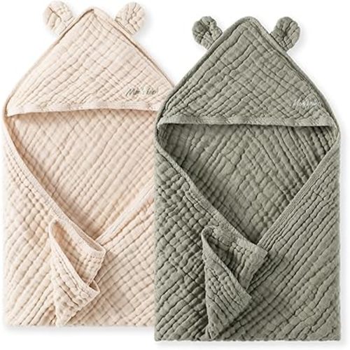 Momcozy Baby Towels, 6-Layer 100% Cotton Muslin Hooded Baby Towel Set for Newborn, Infant & Toddler, Soft Absorbent Baby Bath Essentials, Large 32 x 32 Inch