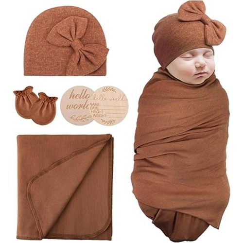 AQOKKA Newborn Receiving Blanket with Bow Hat Mittens Wooden Card Set Newborns Toddler Baby Boy Girl Nursery Swaddle Wrap