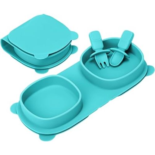 Baby Plates with Suction with Forks and Spoons, Foldable Silicone Toddler Plates, Baby Travel Essential, Microwave & Dishwasher Safe, Aqua