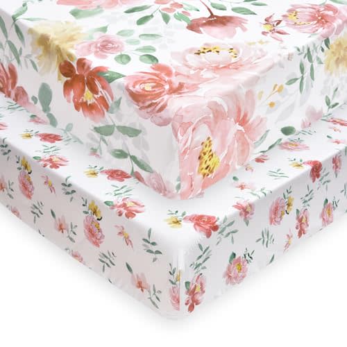 PHF Soft Floral Crib Sheet Fitted, 2 Pack Silky Comfy Breathable Baby Sheets for Girls, 28x52x9in Fits Standard Crib and Toddler Mattresses, Watercolor Floral