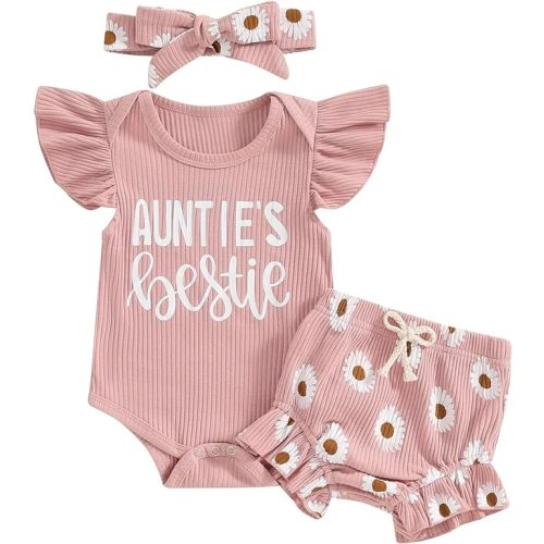 Aunties Bestie Clothes Girl Newborn 0 3 6 12 18 Months Summer Outfit Fly Sleeeve Romper Daisy Shorts Headband Set