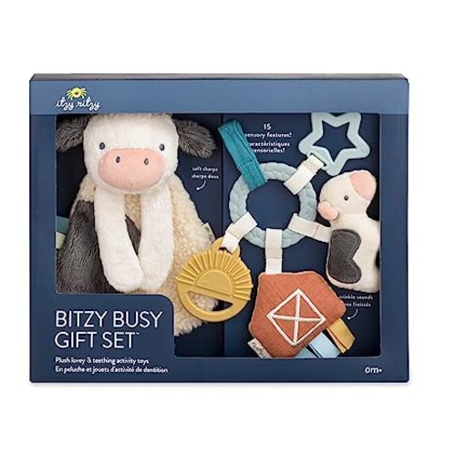 Itzy Ritzy Farm Toy Gift Set - Includes Cow Lovey & Farm-Themed Busy Ring Car Seat and Stroller Toy - Features Crinkle Sounds, Engaging Textures & Silicone Teething Relief (Farm)