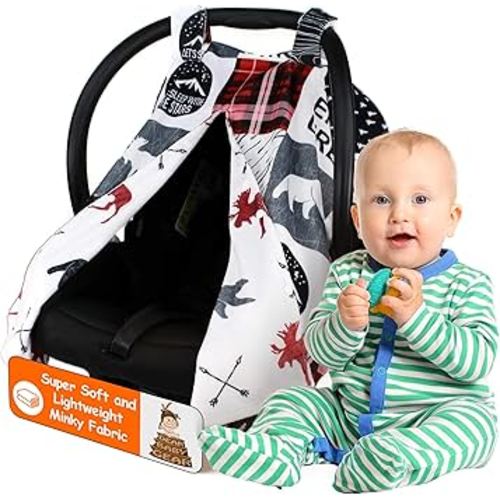 Dear Baby Gear Car Seat Blanket - Infant Carseat Canopy & Winter Covers - Cozy Baby Car Seat Cover for Girls & Boys - Doubles as Stroller Cover - Northwood Moose & Arrows - Faux Quilt - 38" x 27"