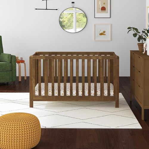Carter's by Davinci Colby Grow 6-in-1 Convertible Crib - Converts to Portable Bassinet, Full-Size Baby Crib w/Removable Wheels, Toddler Bed, Junior, Full-Size Bed - GREENGUARD Gold Certified - Walnut