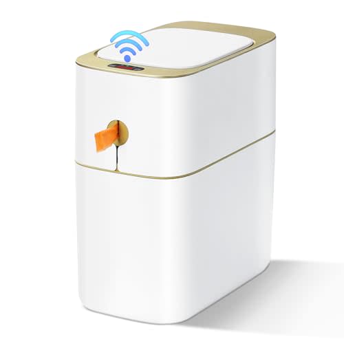 MOPALL Touchless Bathroom Trash Can with Lid, 3 Gallon / 12L Slim Motion Sensor Garbage Bin, Automatic Waste Basket for Bedroom, Office & Narrow Spaces, White & Gold