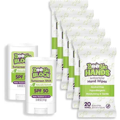Boogie Fun and Safe in the Sun Kit Wipes, Bundle Includes Pack of 2 Block, and Pack of 6 of 20 Count Hands Alcohol Free Sanitizing Wipes