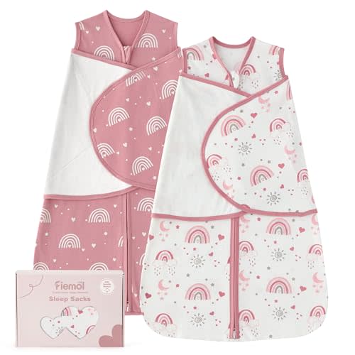 Baby Swaddle Sleep Sack 0-3 Months, Cotton Swaddles for Newborns Girls, 2-Way Zipper Transitional Infant Wearable Swaddling Blanket with Quiet Closure, 0.5 TOG 2 Pack Soft Pink Rainbow