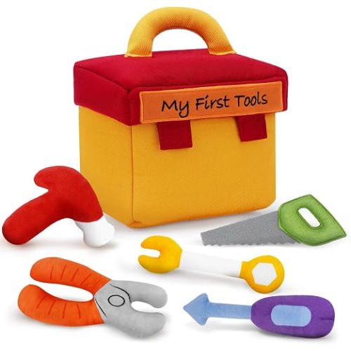 My First Tool Set Plush, Baby Toolbox Plushy with 5 Pcs Tool Plushies for Toddlers, First Birthday Gifts for Boys Girls