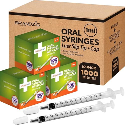 1ml Syringe with Cap (100 Pack) | Oral Dispenser Without Needle, Luer Slip Tip, | Sterile Individually Wrapped Medicine Dropper for Infants, Pets and Colostrum Collector