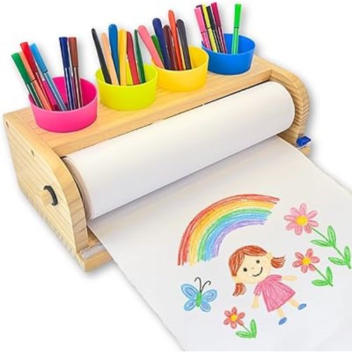 Wooden Tabletop Paper Roll Dispenser with Safety Sliding Cutter - Kids Art Easel with Roll of Paper (11.4”x 98.4ft)- Pencil Cups and Drawing Kit 30 Piece Set (Safety Sliding Cutter)