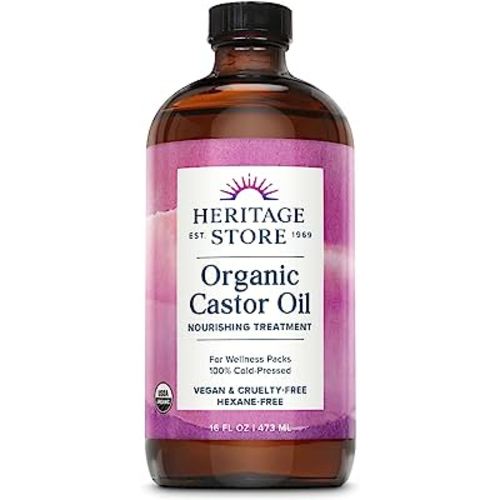 HERITAGE STORE Organic Castor Oil - Glass Bottle - Nourishing Treatment for Hair and Skin - Eyelash Serum for Eyelashes, Brows, Castor Oil Packs - Cold Pressed, Hexane Free, Vegan 16oz