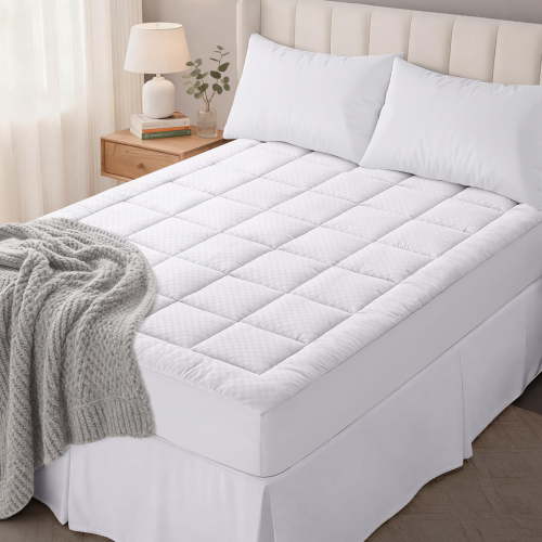 decorUhome Quilted Fitted Full Mattress Pad, Elastic Mattress Topper, Cooling Soft Mattress Cover Stretches up to 21” Deep, Machine Washable Mattress Protector (54x75 inch, White)