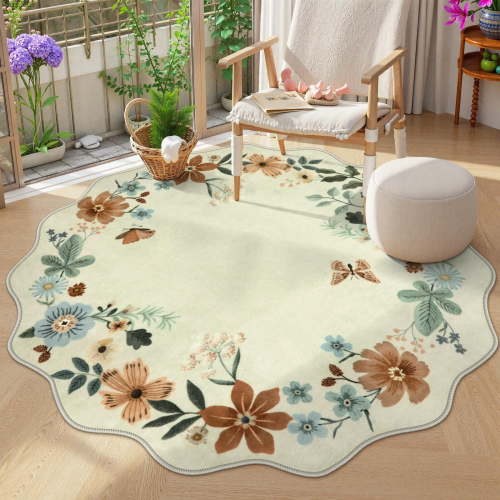 Moynesa 4' Floral Round Area Rug, Washable Rugs for Bedroom Ultra-Thin Soft Rug, Non-Slip Small Boho Circle Carpet for Entryway Nursery Bathroom,Beige