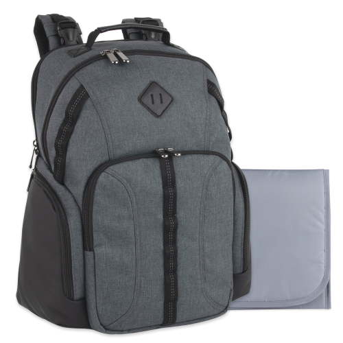 Baby Essentials Super Cooler Multi-Pocket Dual Zipper Closure Diaper Bag Backpack with Matching Changing Pad, Insulated Bottle Pockets and Stroller Straps in Gray & Black