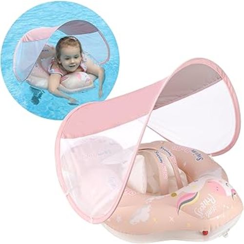 Swimbobo Infant Pool Float with Sun Canopy Inflatable Baby Swimming Floatie with Sponge Safety Bottom Support Water Toys Swimming Trainer(Pink Swan,Large)