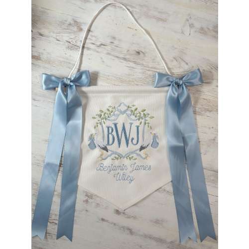 Custom Embroidered Baby Announcement Banner: Welcome Baby, Hospital Sign, stork door hanger