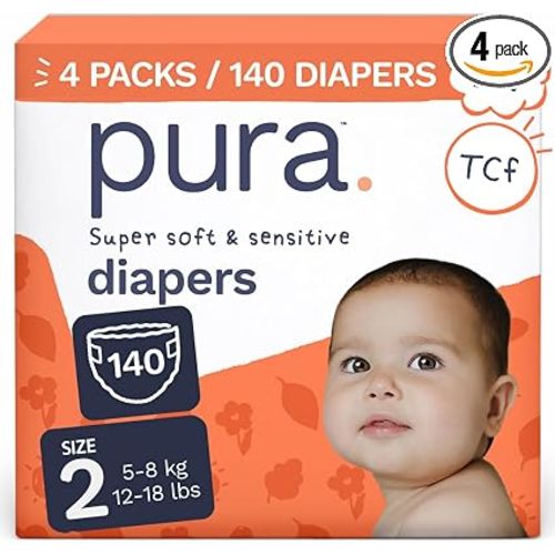 Pura Baby Diapers Size 2 (12-18 lbs) 140 Count Sensitive Skin | 12 Hour Leak Protection, Wetness Indicator, Umbilical Cutout, Cloud Soft, Totally Chlorine Free*