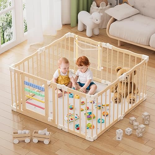 Wooden Baby Playpen 50 × 50 Inches, Foldable Playpen Fence with Cute Digital Blocks & Storage Bag, Wooden Baby Gate, Multi-Shape Play Yard for Babies and Toddlers Indoor Outdoor