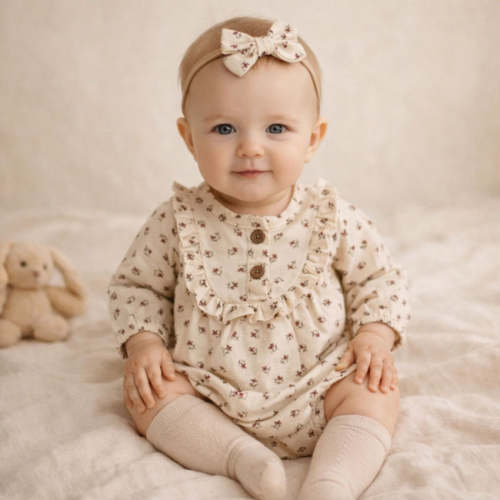 Baby Girl Cream Floral Ruffle Romper Set with Bow & Matching Socks - Olive & Cradle | Olive Sprout Kids