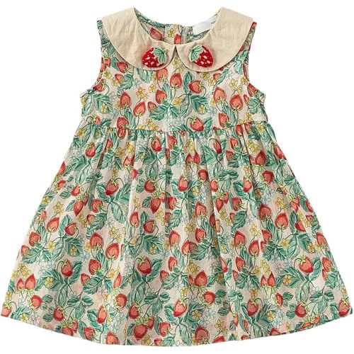 Girl Sleeveless Cotton Dress Strawberry Print Summer Vintage Dress
