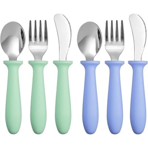 Pimoys 6 Pieces Toddler Utensils Forks,Spoons and Knives,Kids Silverware Set with Plastic Handle Stainless Steel Toddler Silverware,Dishwasher Safe