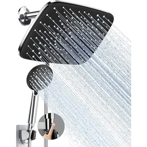 Veken 11.8 Inch Rain Shower Head with Handheld- High Pressure Dual Shower Heads with 5 Modes Handheld Spray Combo- Wide Rainfall Showerhead with Hose, Bathroom Accessories, Chrome