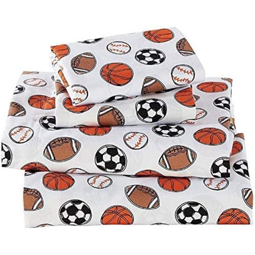 Fancy Linen Crib Sheet Set Flat Fitted and Pillow Case Set for Boys/Girls Multi Color (Sport Baseball Basketball Football Soccer White Black Orange Brown)