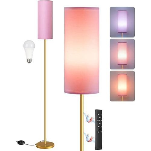 Dimmable Pink Floor Lamp for Living Room with Remote and Foot Switch, Corner Floor Lamp, 64.4'' Standing Tall Lamp, 10W 900LM Bulb Included, 3000K-6500K, Linen Shade, Gold Pink, FCC Listed DP06LD05W1