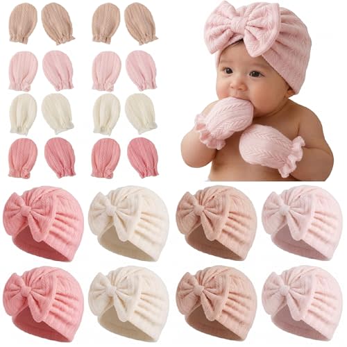 8 Sets Newborn Baby Girl Bow Hats and Mittens Turban Beanies 0-3M | Cotton preemie infant hospital cap. No-scratch gloves. Gorritos para recien nacidos niñas. Essential nursery shower gifts.