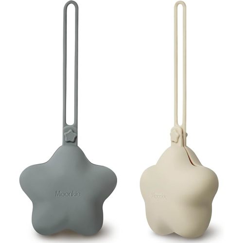 Moonkie Silicone Pacifier Holder Case, Cute Portable Pacifier Storage Case, 2 Pack(Shifting Sand/Lunar Grey)