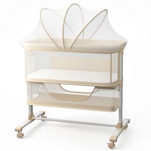 Kinder King Portable Baby Bassinet with Wheels, All-Mesh Bedside Sleeper, Newborn Crib with Removable Mattress, Beige