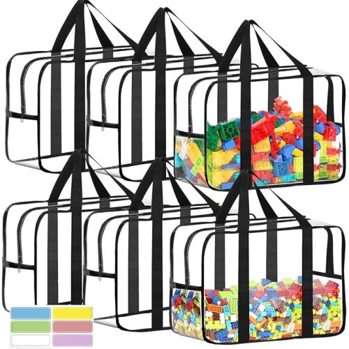 6 Packs XXL Toy Storage Bags 16.5×11.8×6.8In with Labels, Large Capacity Reusable Clear PVC Board Game Storage, Travel Waterproof Organizer Bags with Zipper