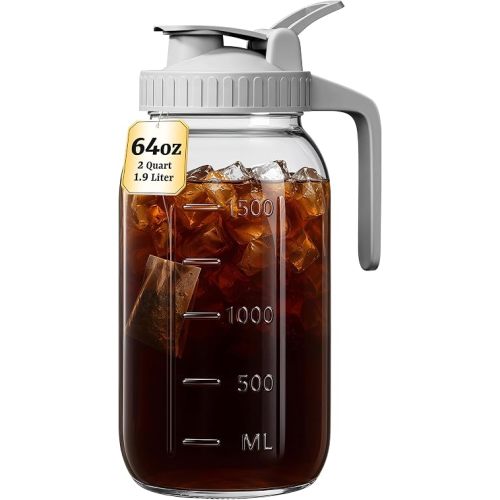 64 oz Mason Jar Pitcher, Glass Pitcher with Lid for Sun Tea & Iced Tea