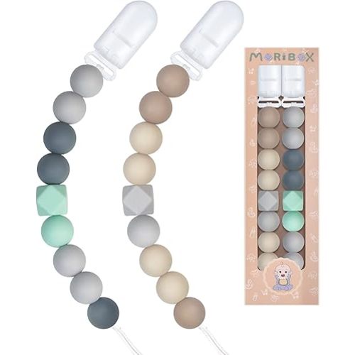 Pacifier Clips for Baby Boys Girls 2 Pack (Grey Green)