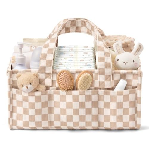 Corduroy Baby Diaper Caddy Organizer with Handles, Nursery Storage Basket | Portable Diaper Bag Car Caddy Organizer Bin for Wipes, Girl Boy Newborn Baby Essentials Shower Gift Registry Search Must Have