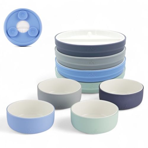 Kids Porcelain Mealtime Bundle | Suction Sleeves | 6.7" Plates + Bowls | 8 Pcs | Sage/Misty Blue/Navy/Gray