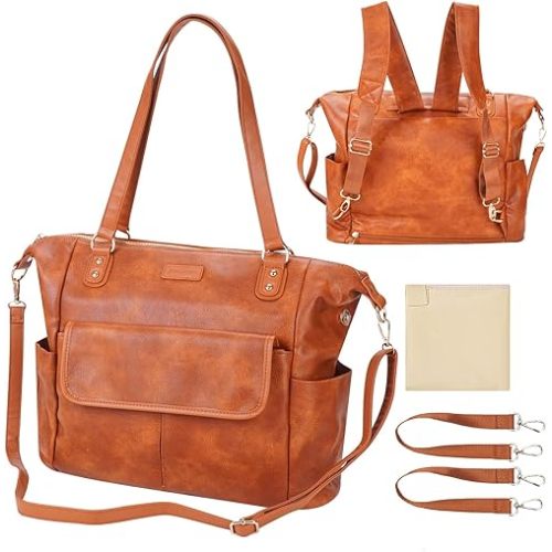 Johomviin Diaper Bag Tote Fashion Leather Diaper Bag Backpack with 13 Pockets for Mom Dad, Large Travel Baby Bag Purse for Boys Girls with 3 Insulated Pockets, Changing Station - Brown